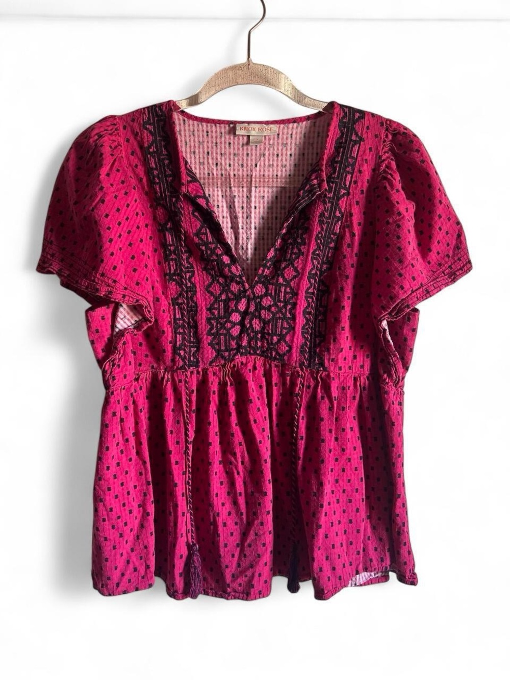 Knox Rose Fuchsia Pink Embroidered V-Neck Peasant Top size L